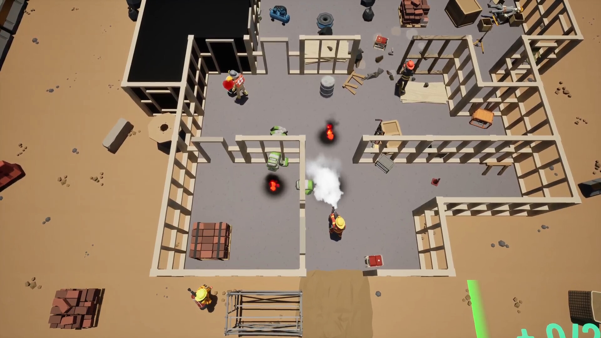 四名消防員在充滿火焰與障礙的室內場景中協力合作。