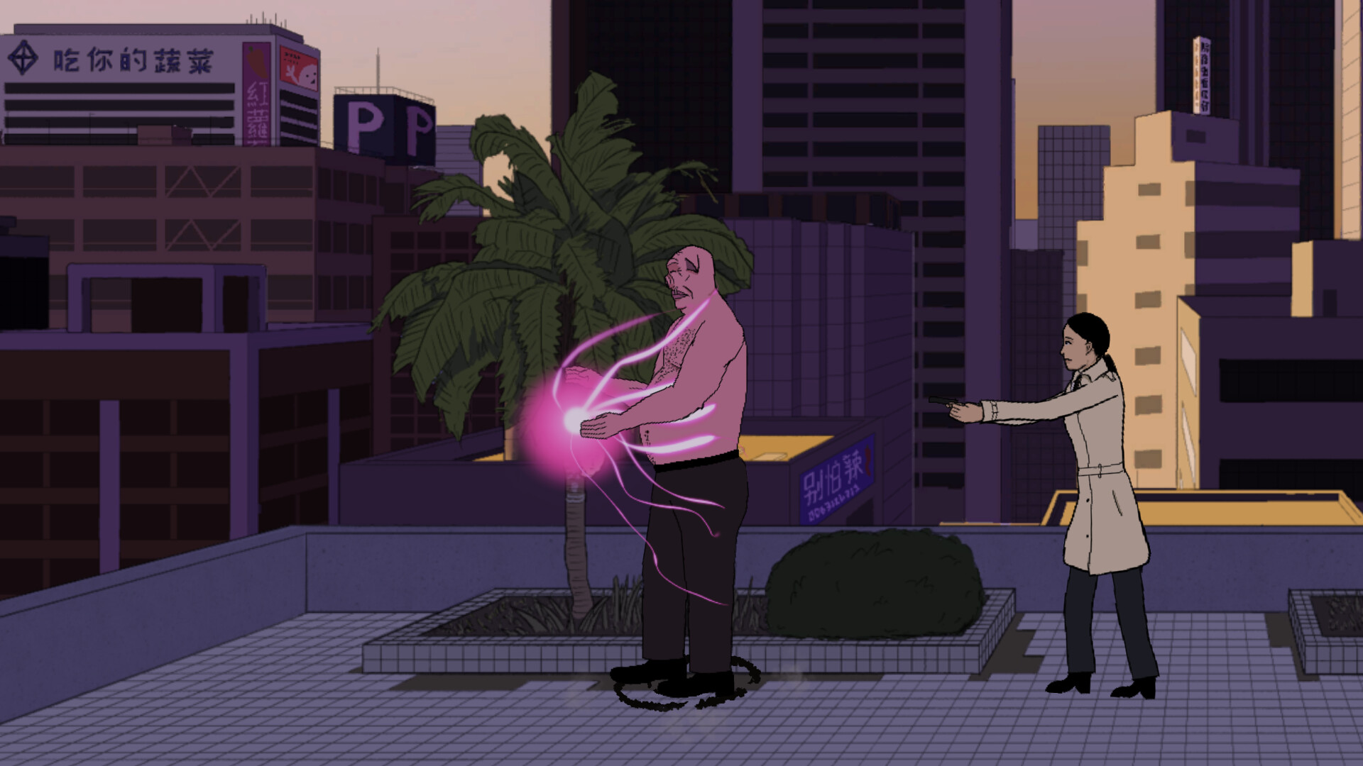 主角與一位警方人員在辦公室內交談。