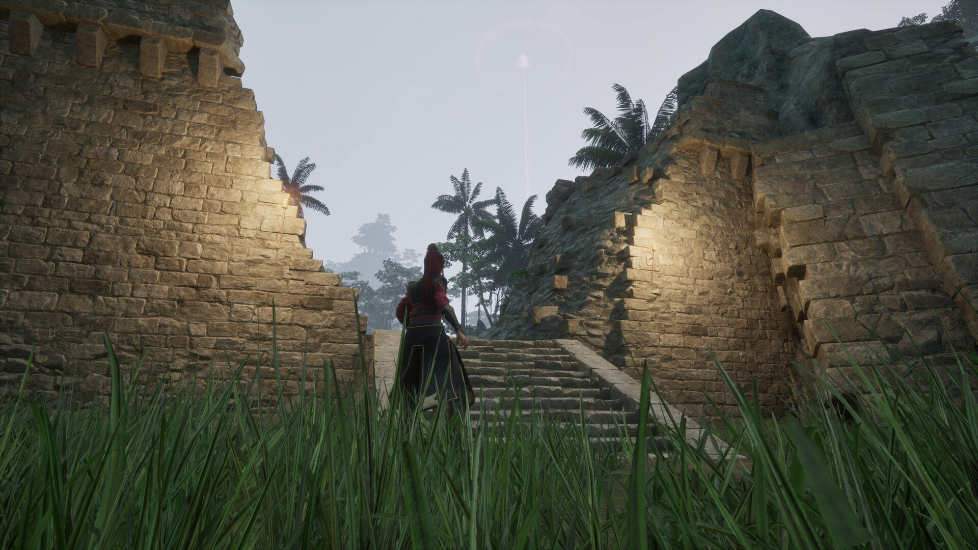 Zoe走在通往一座宏偉城堡的橋上。