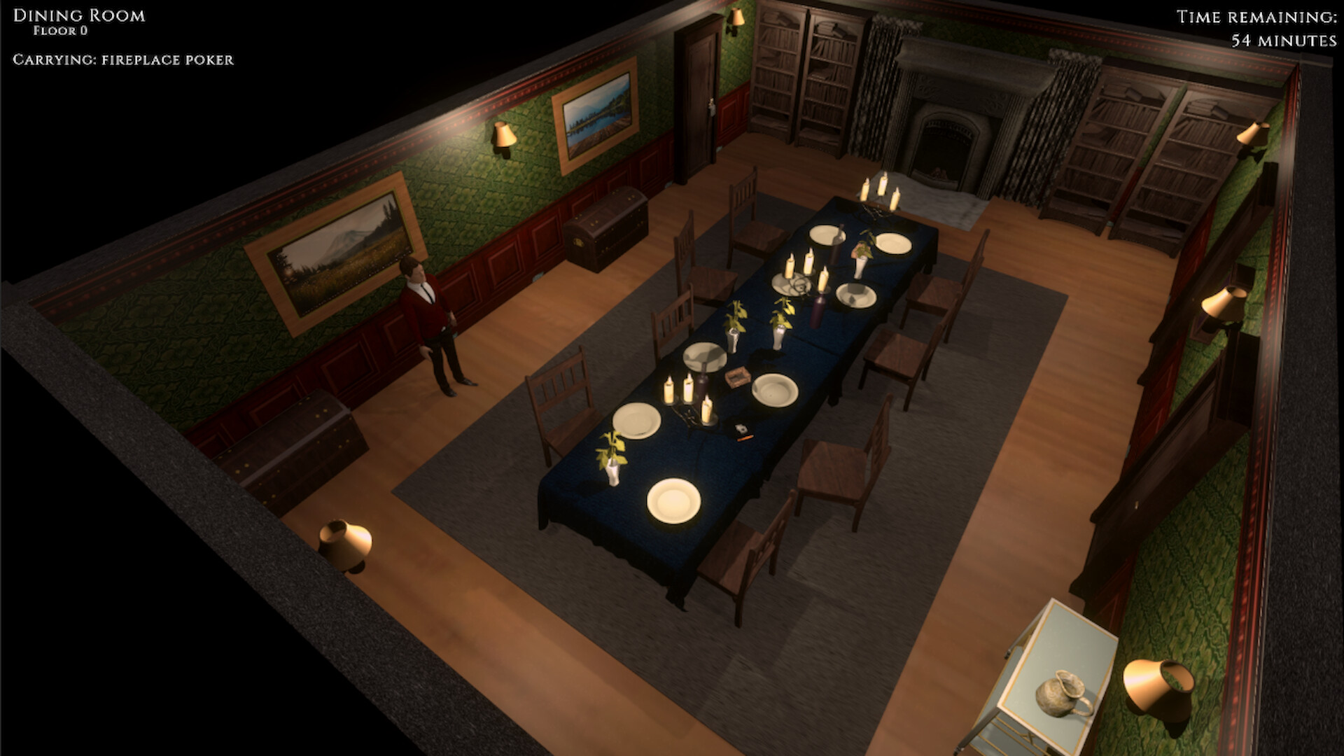 偵探在莊園大廳中，周圍環繞著數名嫌疑人，氣氛凝重。