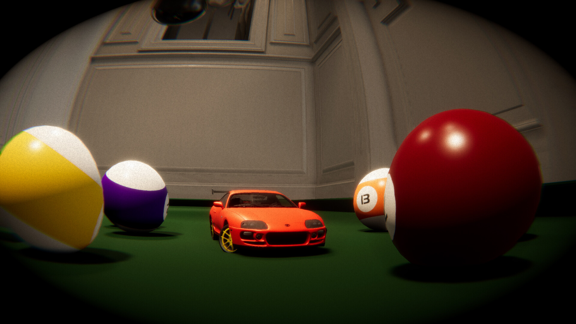 遙控車在一個巨大的撞球桌上,試圖將彩色的球撞入球袋。