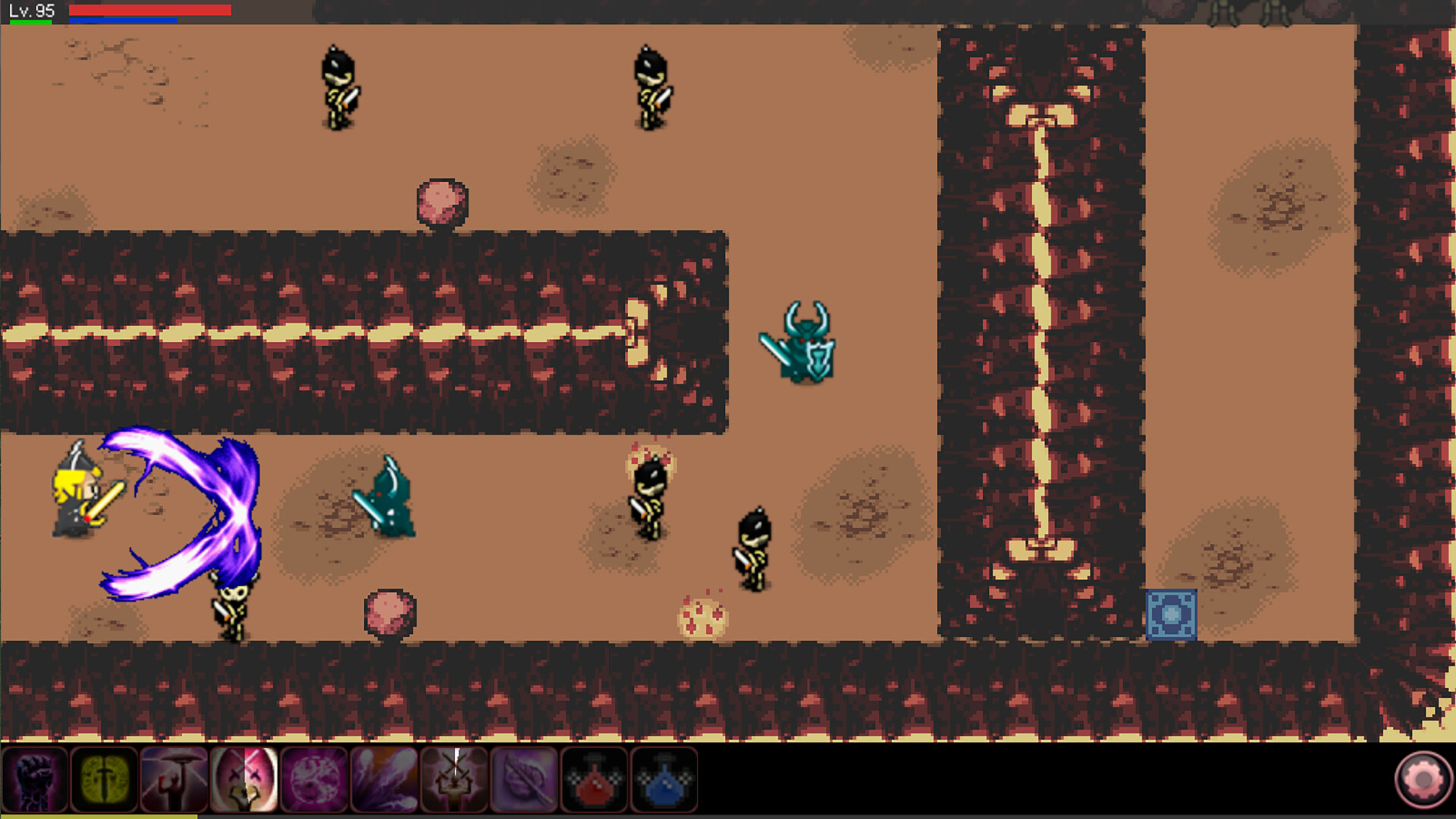 一個巨大的、風格奇特的頭目級怪物,周圍有許多小怪,展現了遊戲的卡通美術風格。