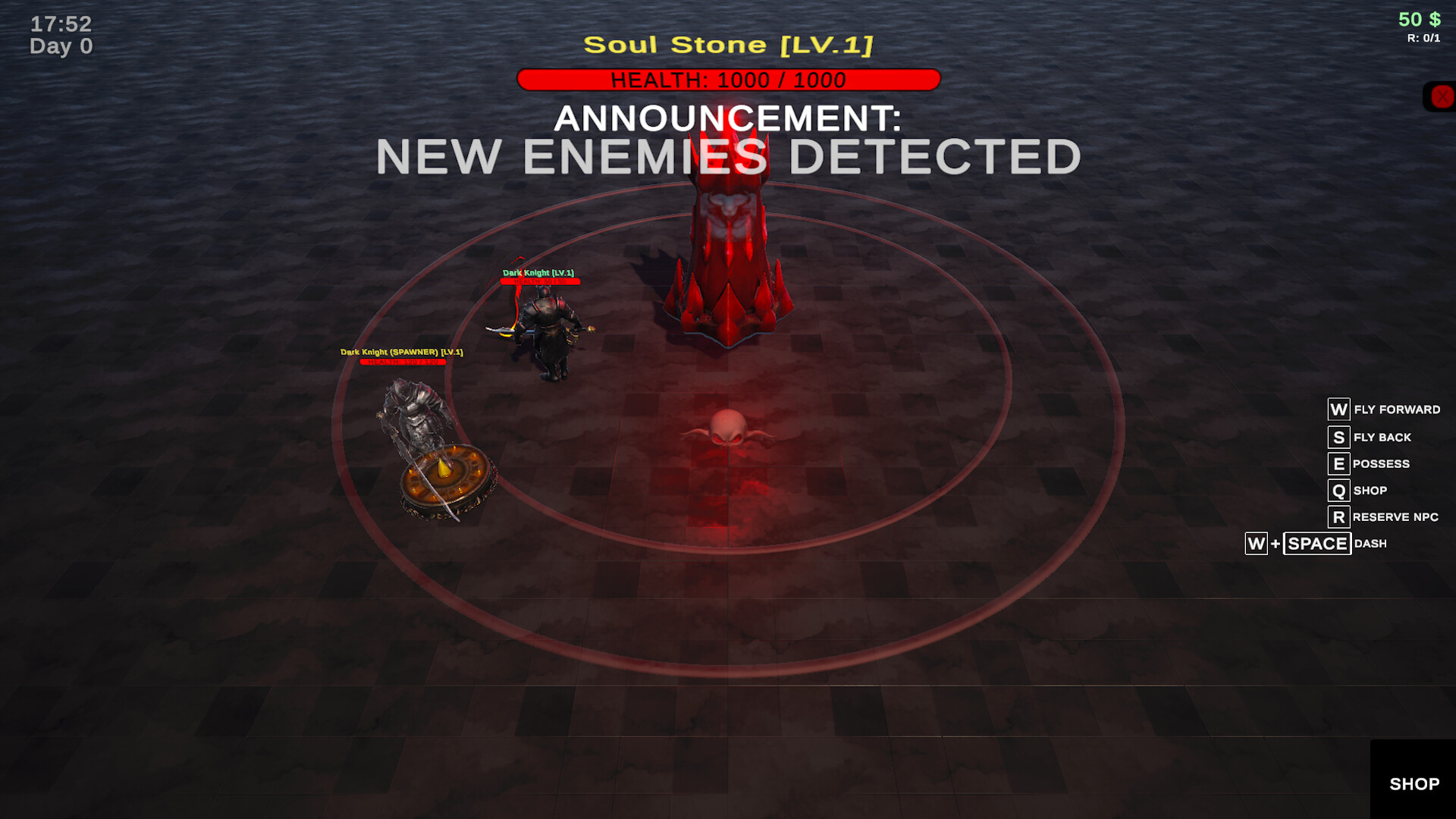 魂石在基地中央散發著光芒，是玩家必須保護的核心。