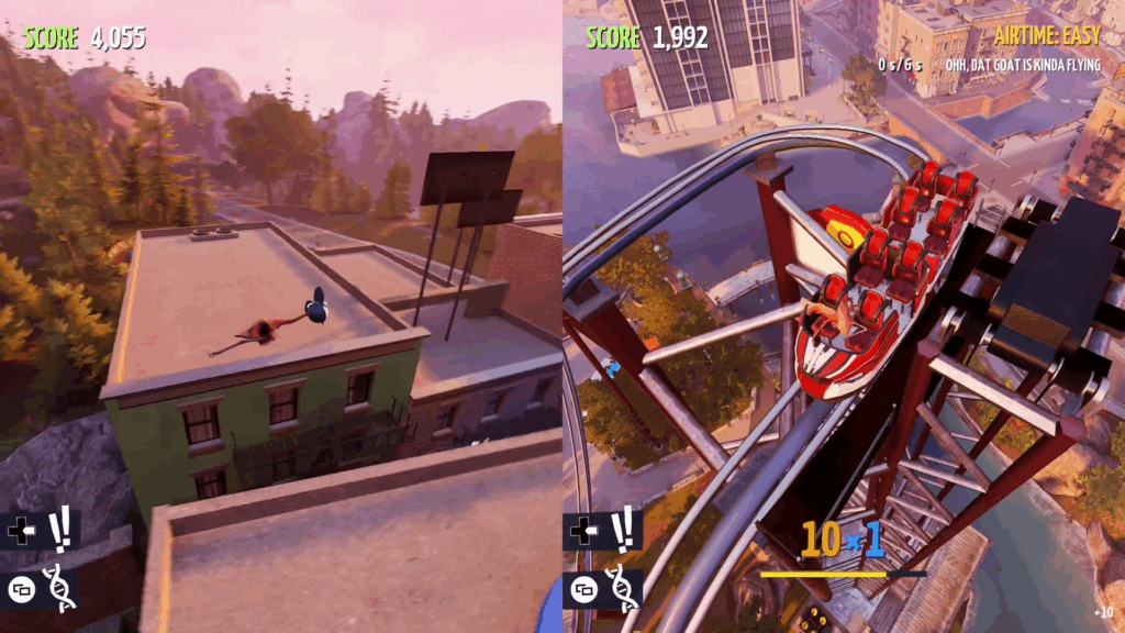 山羊從高處躍下,準備對下方的派對造成衝擊。