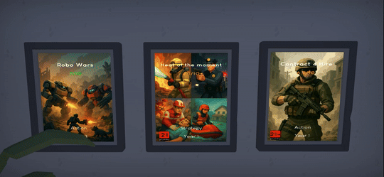 GameOn! 遊戲中自訂海報的動態展示，顯示了多種設計可能性。