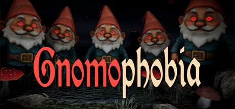 Gnomophobia 遊戲主視覺圖，展示了詭異的森林氛圍與侏儒雕像。