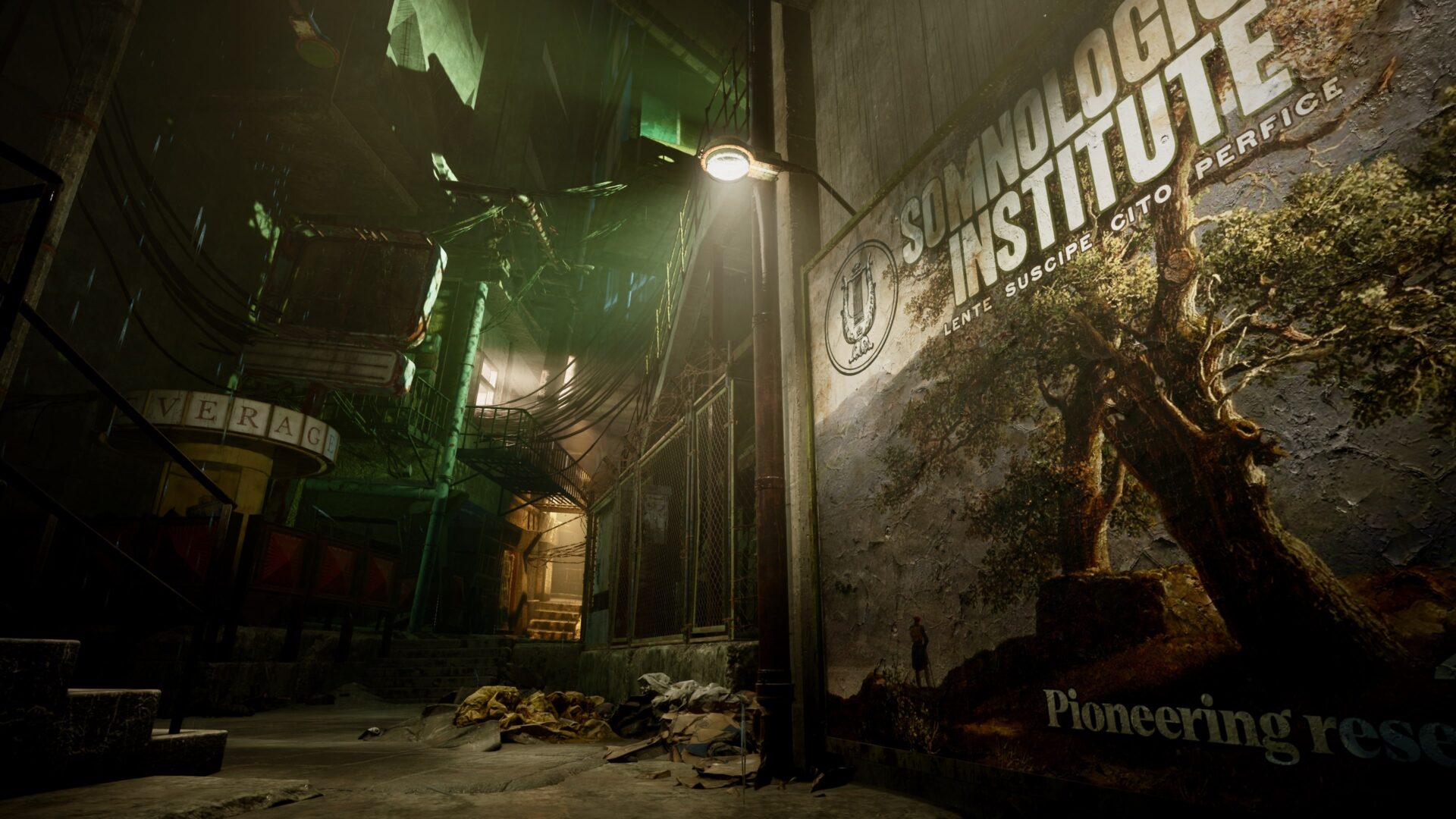 一個黑暗的場景中，有著發光的神秘結構體。