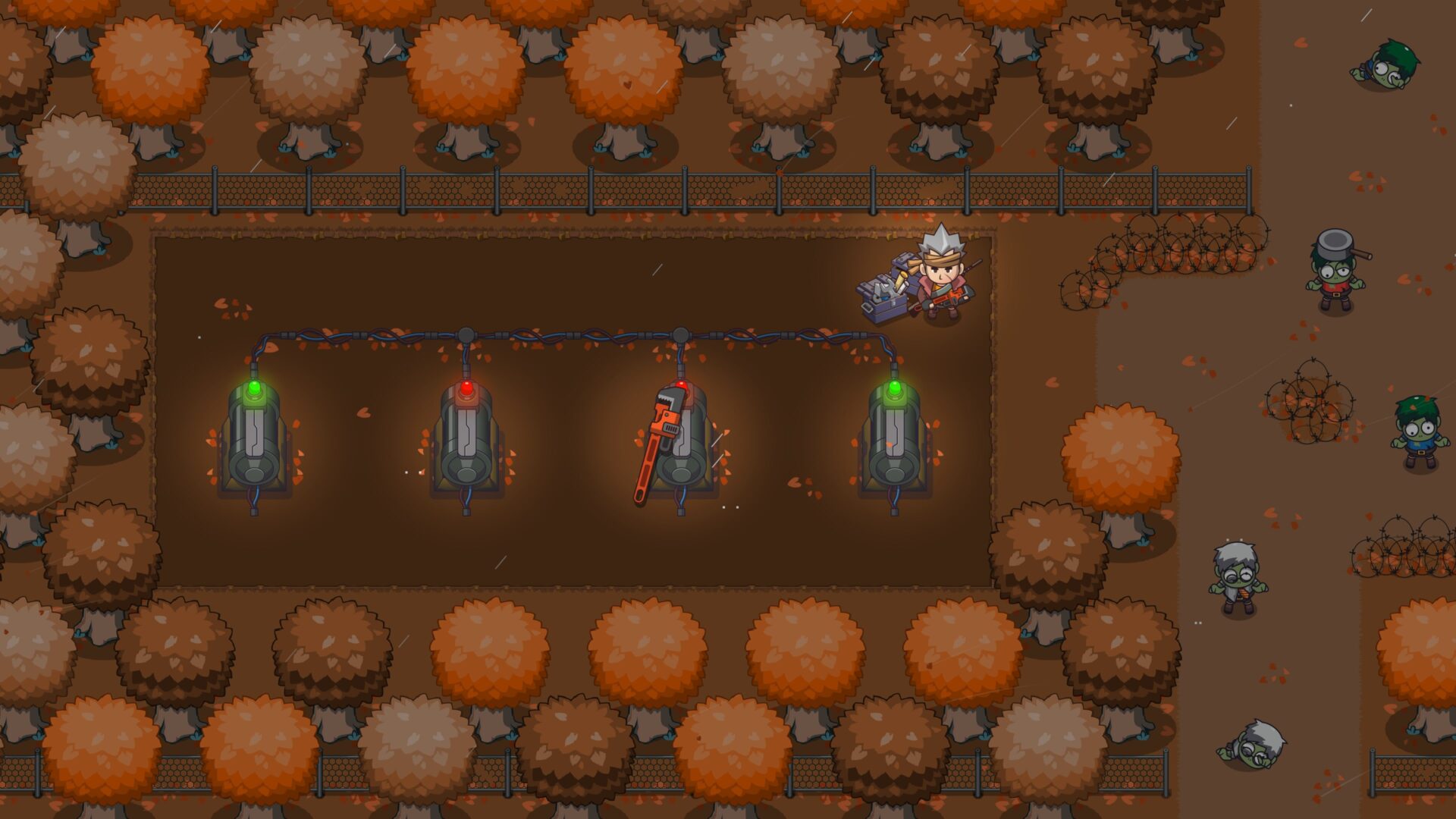 玩家角色站在一個更為複雜的電網前,準備進行修復工作