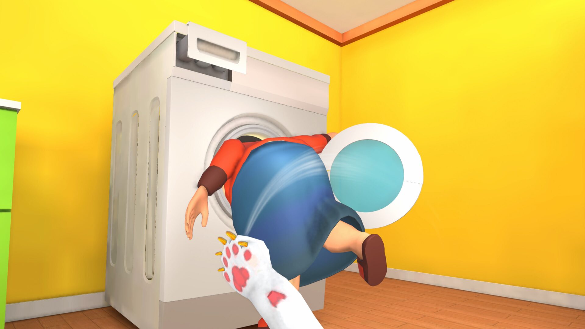 一隻貓咪正在廚房裡,周圍一片狼藉