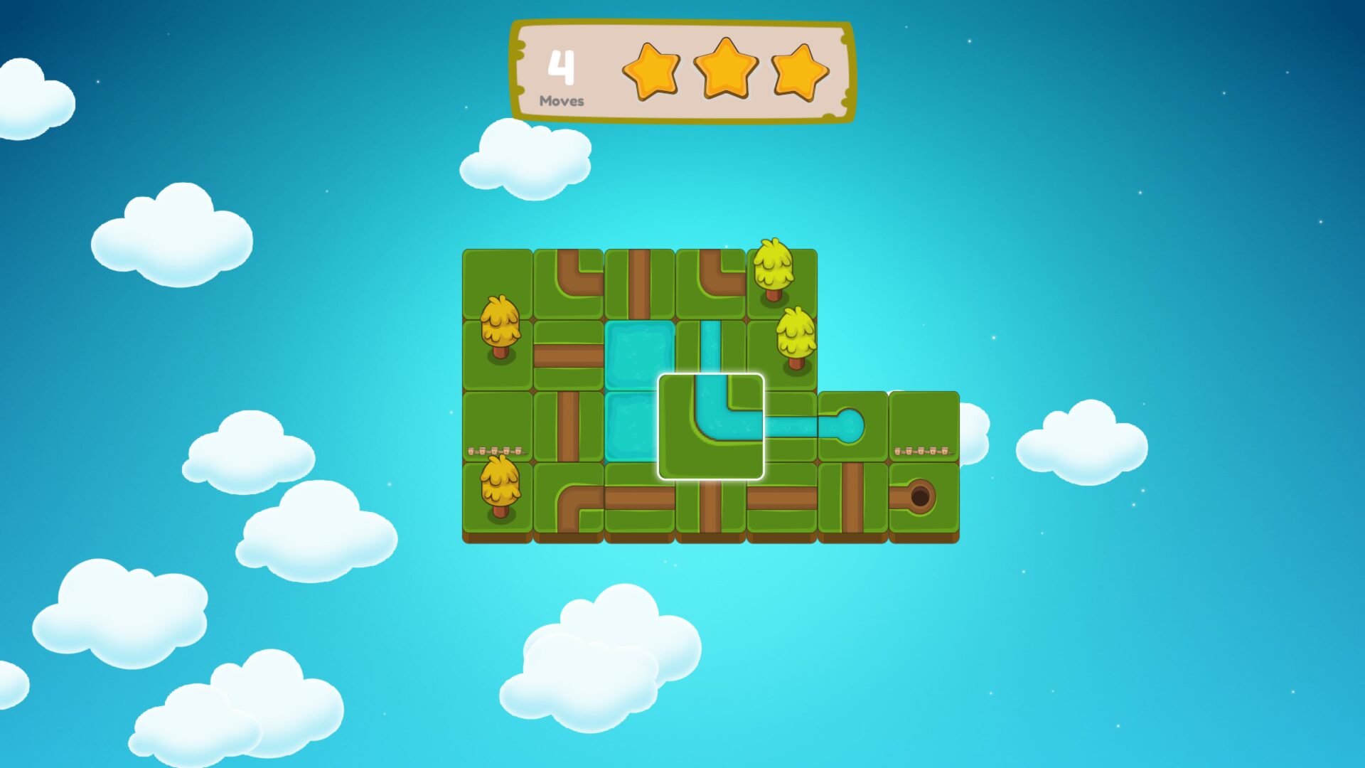 Tiny Biomes 中森林生態區的遊戲截圖，展示了引導水流的玩法。