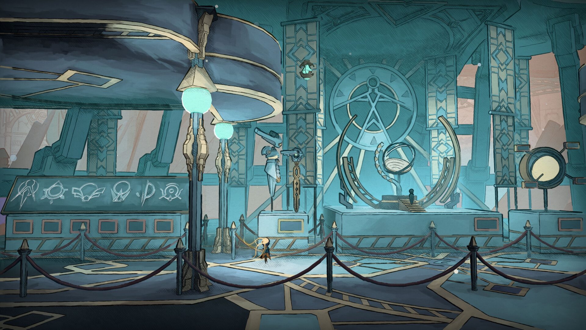 MIO 面對一個充滿科技感的巨大門扉。