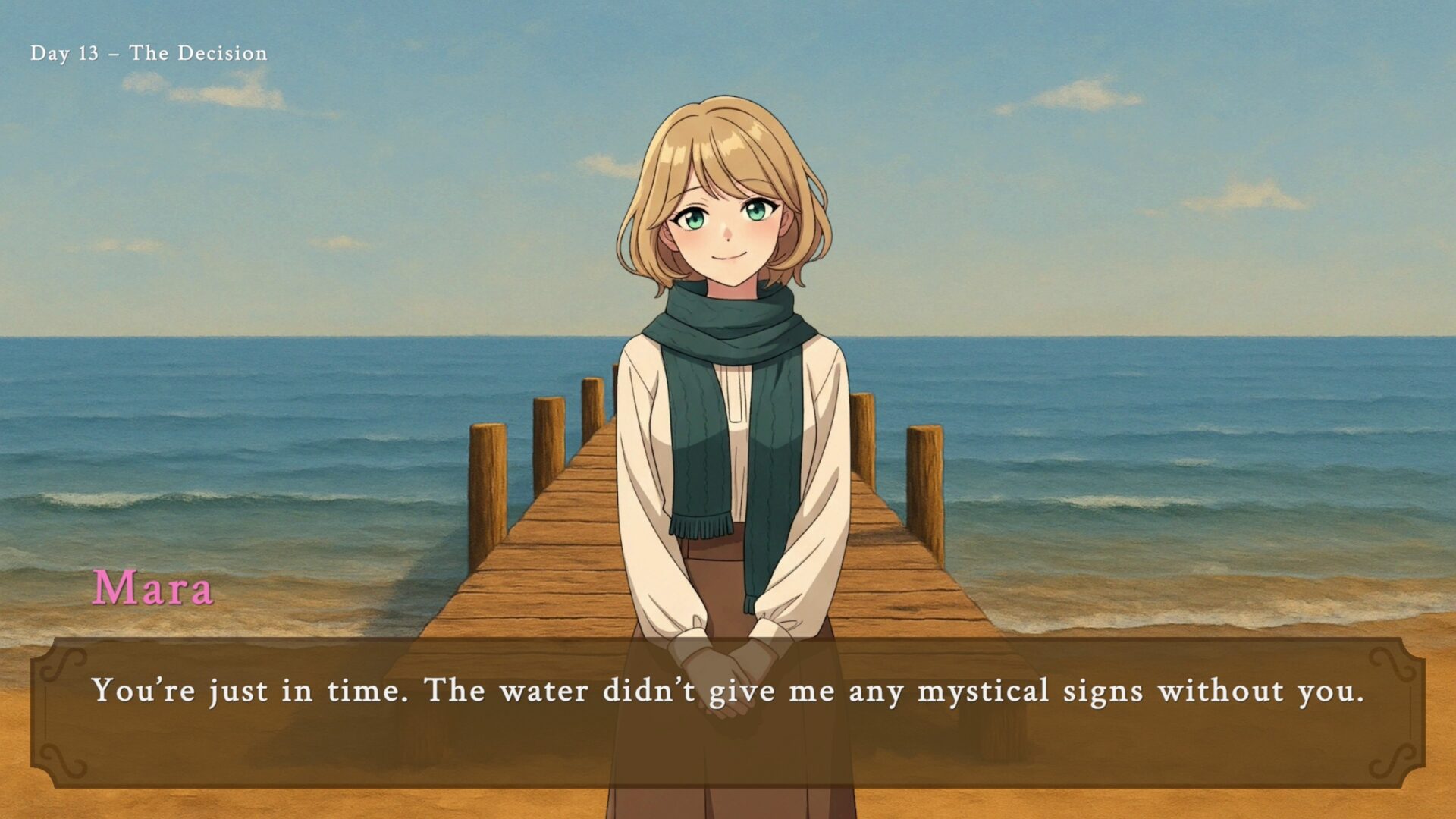 主角在小鎮書店內與人交談的畫面