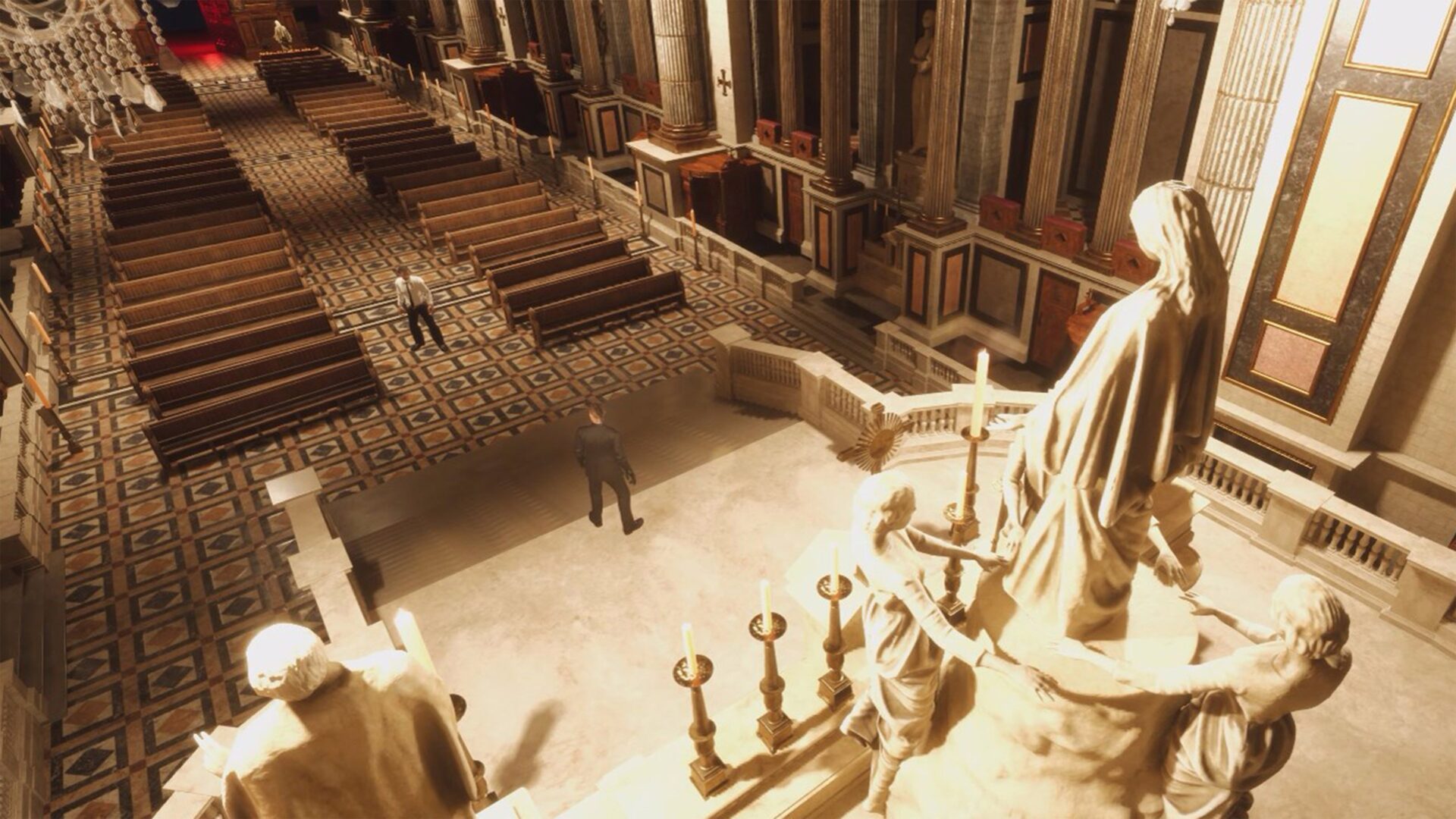 遊戲實機畫面，主角在昏暗的巷弄中面對敵人，展現黑色電影氛圍。