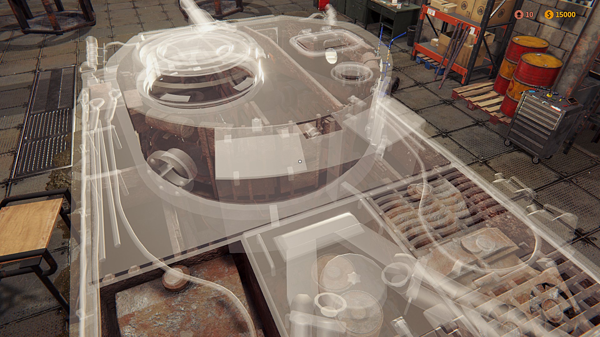 遊戲中的博物館展廳，陳列著多輛修復完成的二戰名車