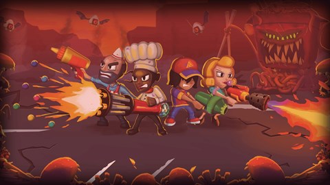 Nom Nom Apocalypse 遊戲主視覺圖,展示了廚師與巨大食物怪獸戰鬥的場景。