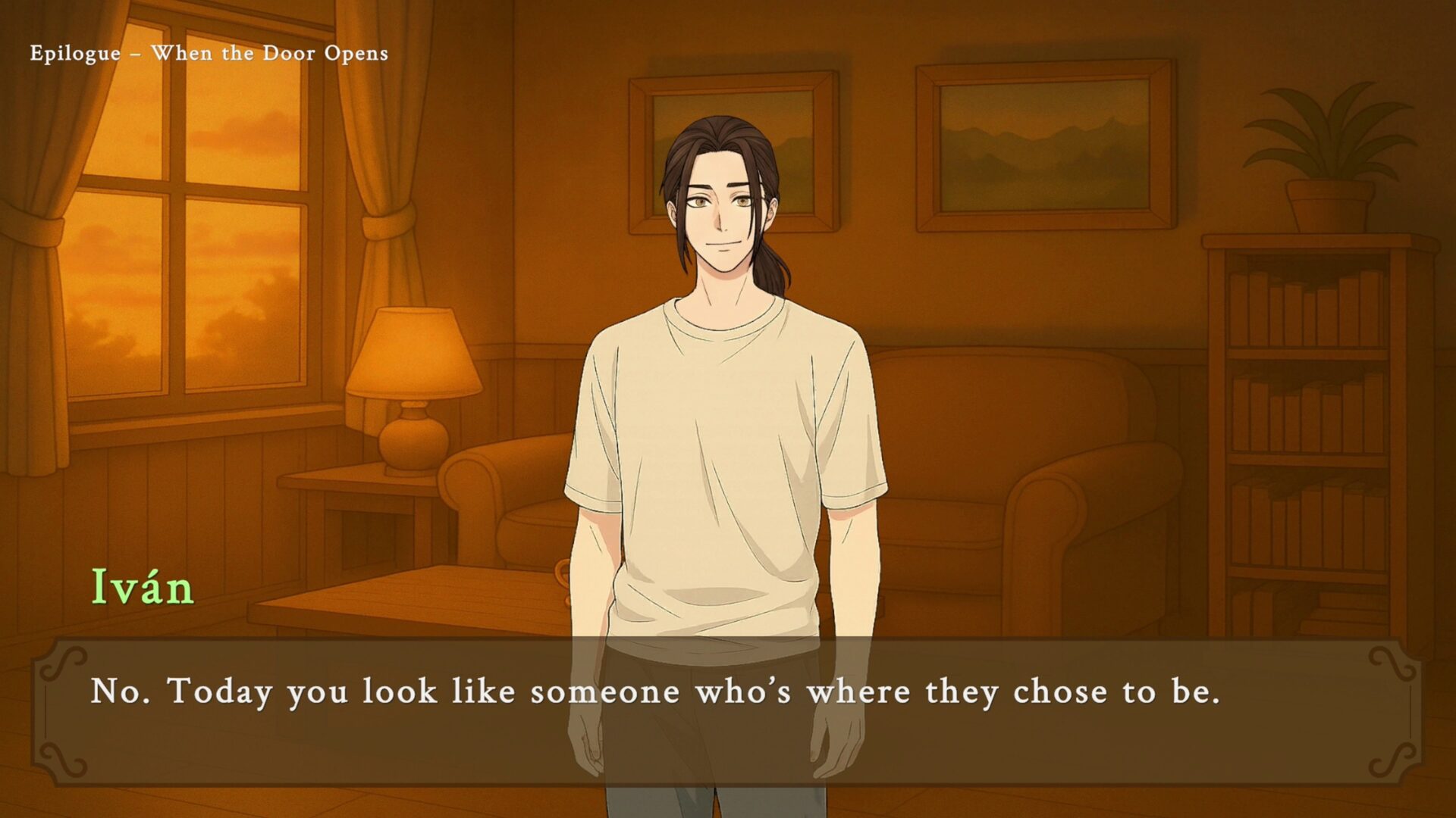 主角望向窗外雪景的畫面，充滿詩意