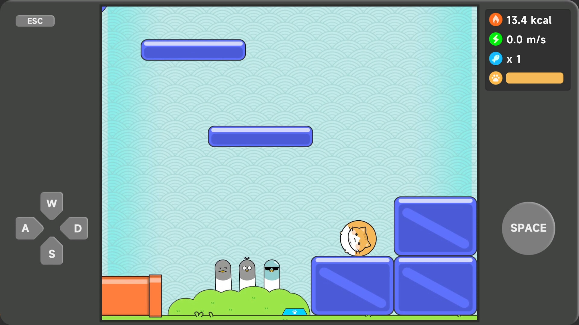 遊戲初始畫面,圓滾滾的橘貓準備開始它的減肥跳躍之旅