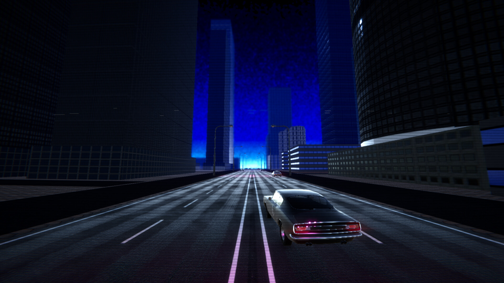 遊戲採用強烈的紫紅色調與網格線條,營造復古虛擬空間感