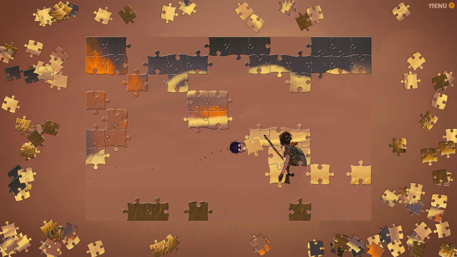 遊戲介面簡潔直觀,拼圖碎片散落在周圍,右側可見可愛的煤灰精靈陪伴。