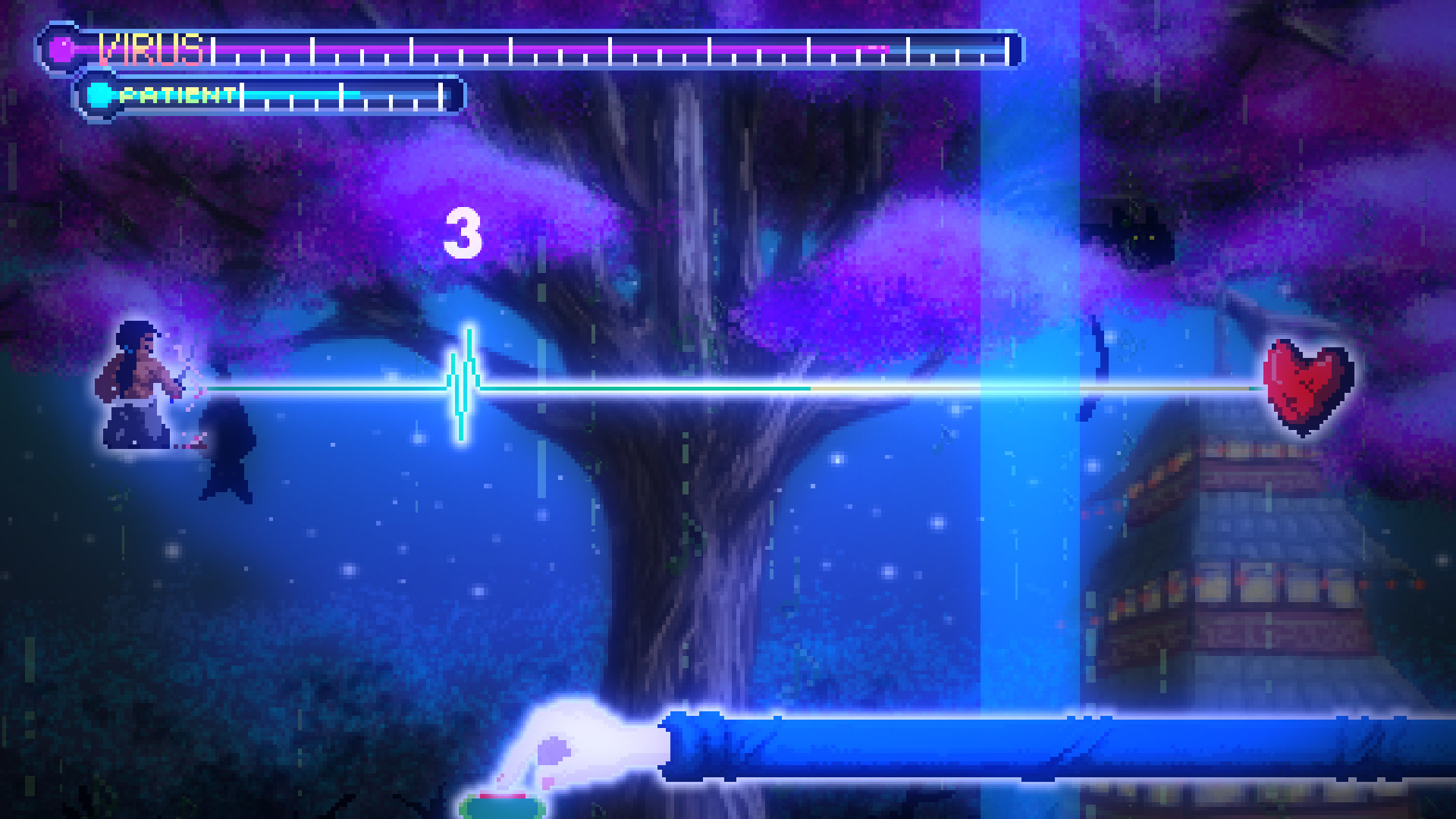 遊戲中後期的關卡，畫面出現多條心跳線與複雜的節奏提示