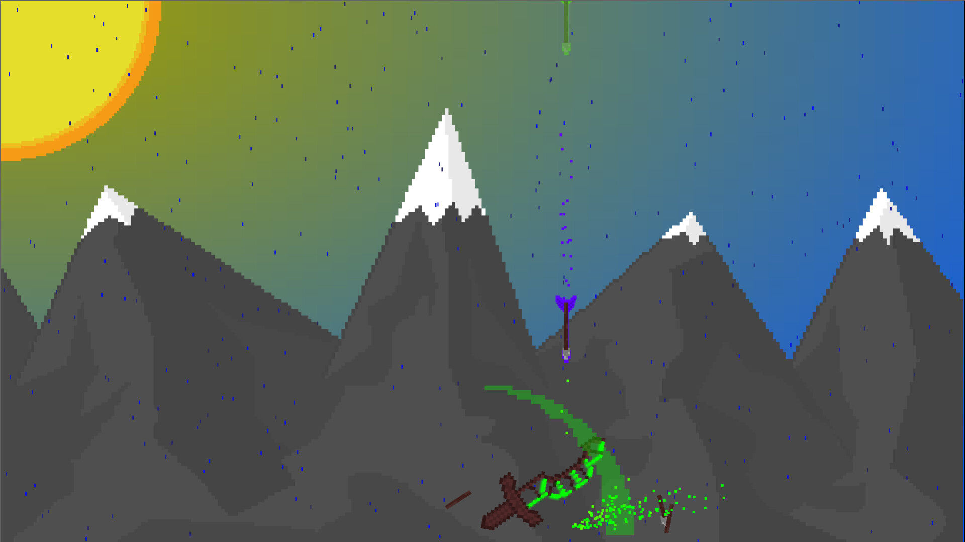 遊戲實機畫面,展示了三個方向落下的子彈與玩家的揮劍動作