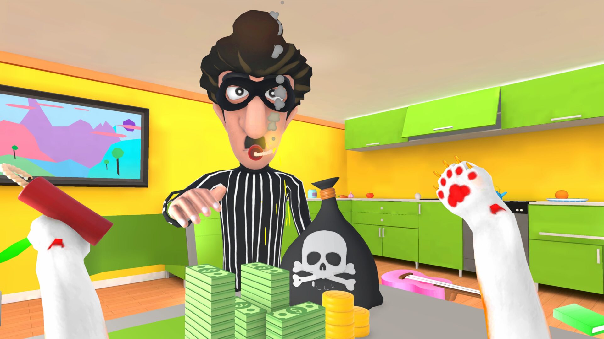 一隻貓咪把房間弄得一團亂。