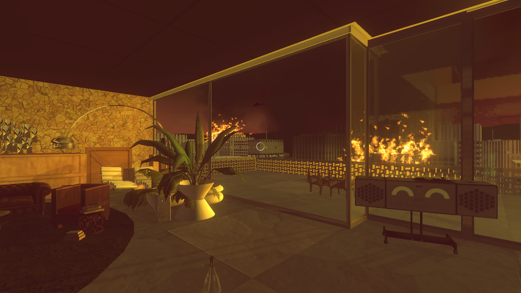 窗外燃燒的建築與室內的平靜形成對比