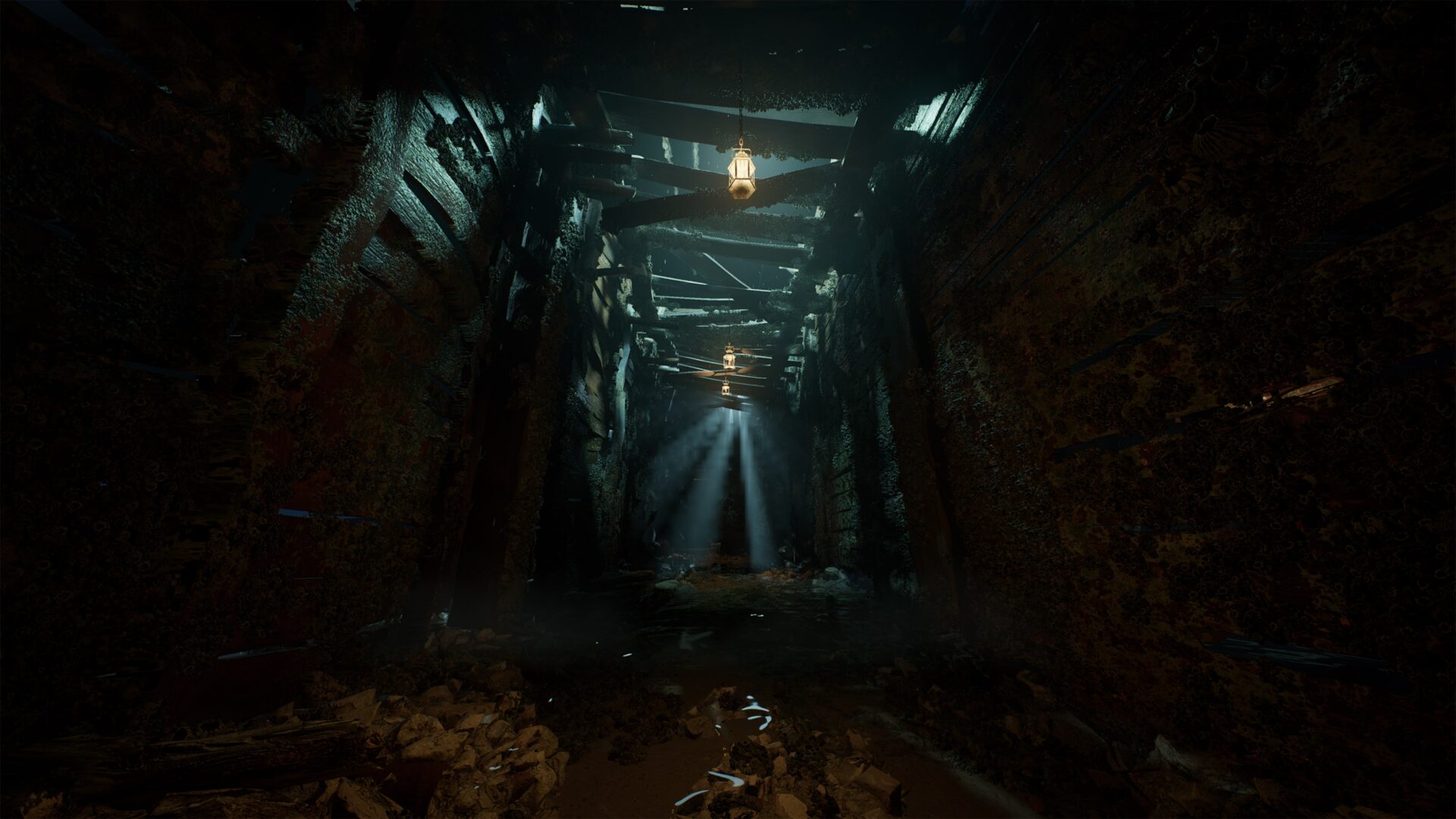 角色走在一個充滿工業管道的黑暗通道中