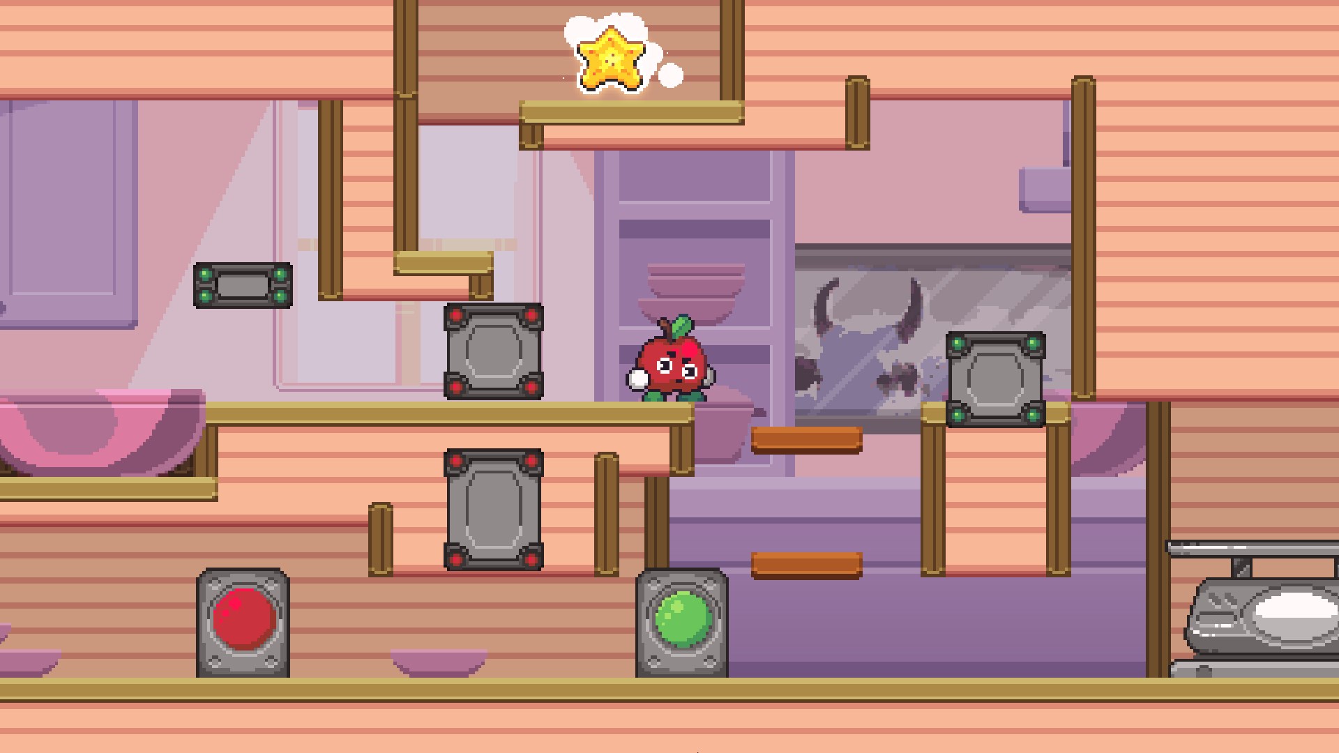 遊戲截圖：展示了蘋果與香蕉在關卡中互動的場景