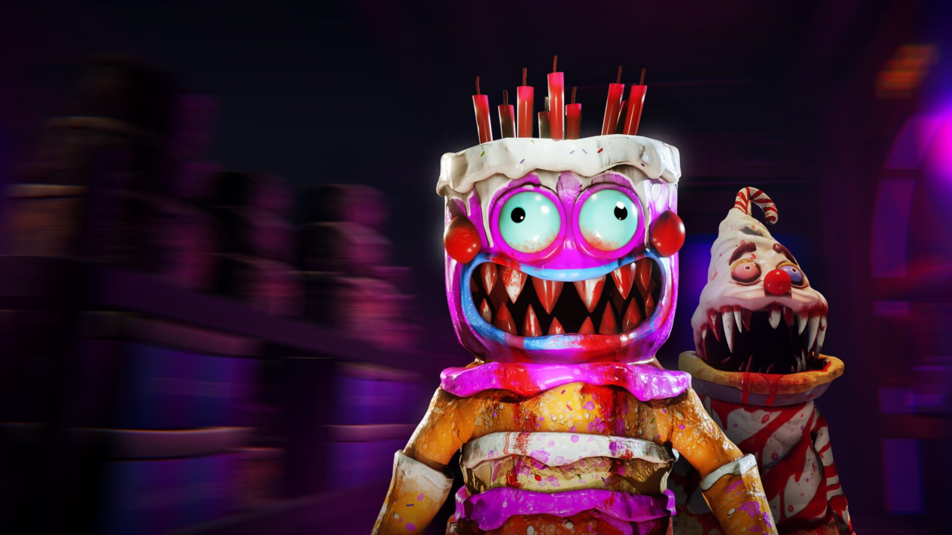 Cakey's Twisted Bakery 遊戲封面藝術圖，展示了陰森的烘焙坊背景與可愛卻詭異的角色