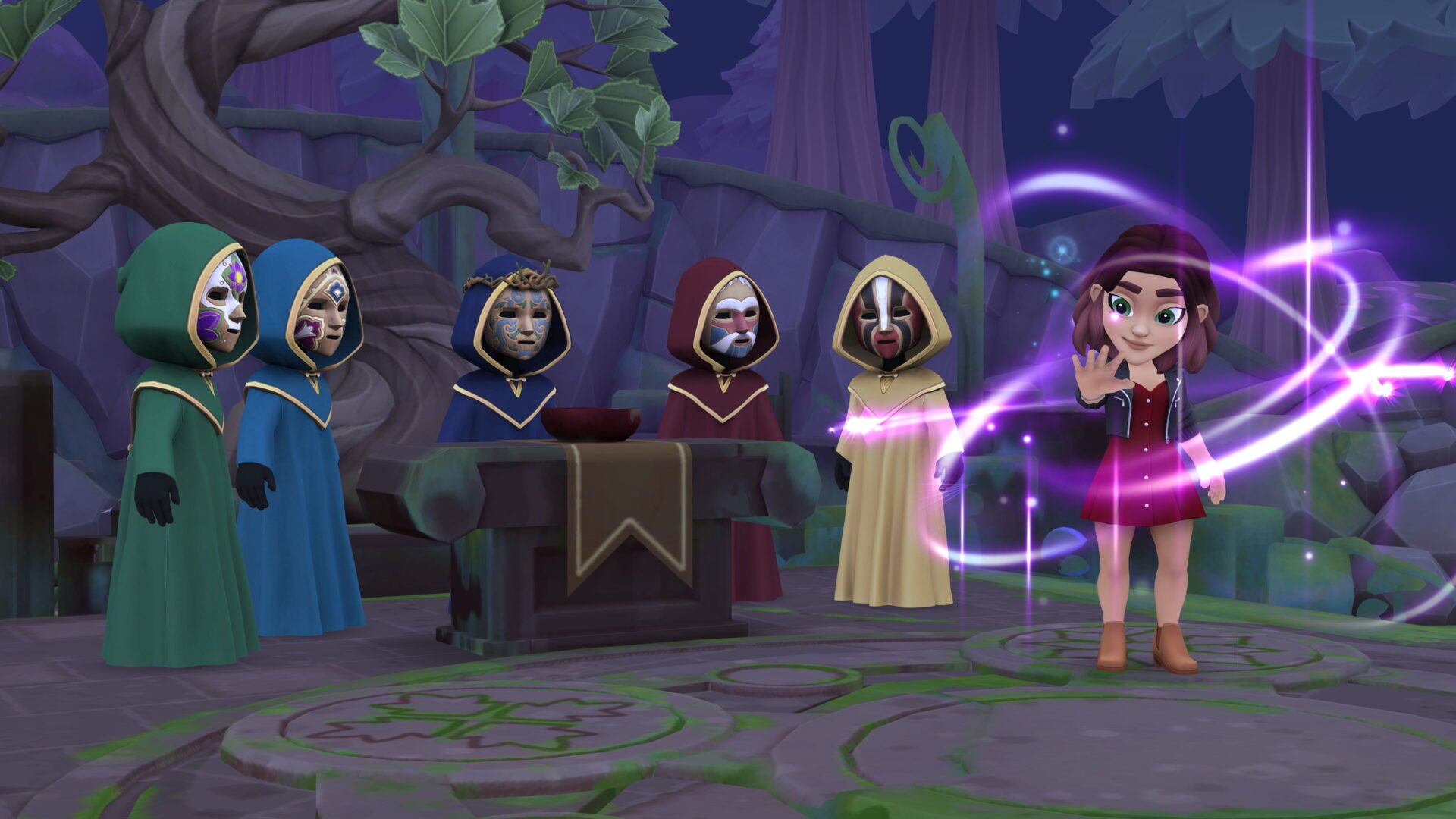 女巫團的秘密儀式，紫色與魔法光影交織的神秘場景