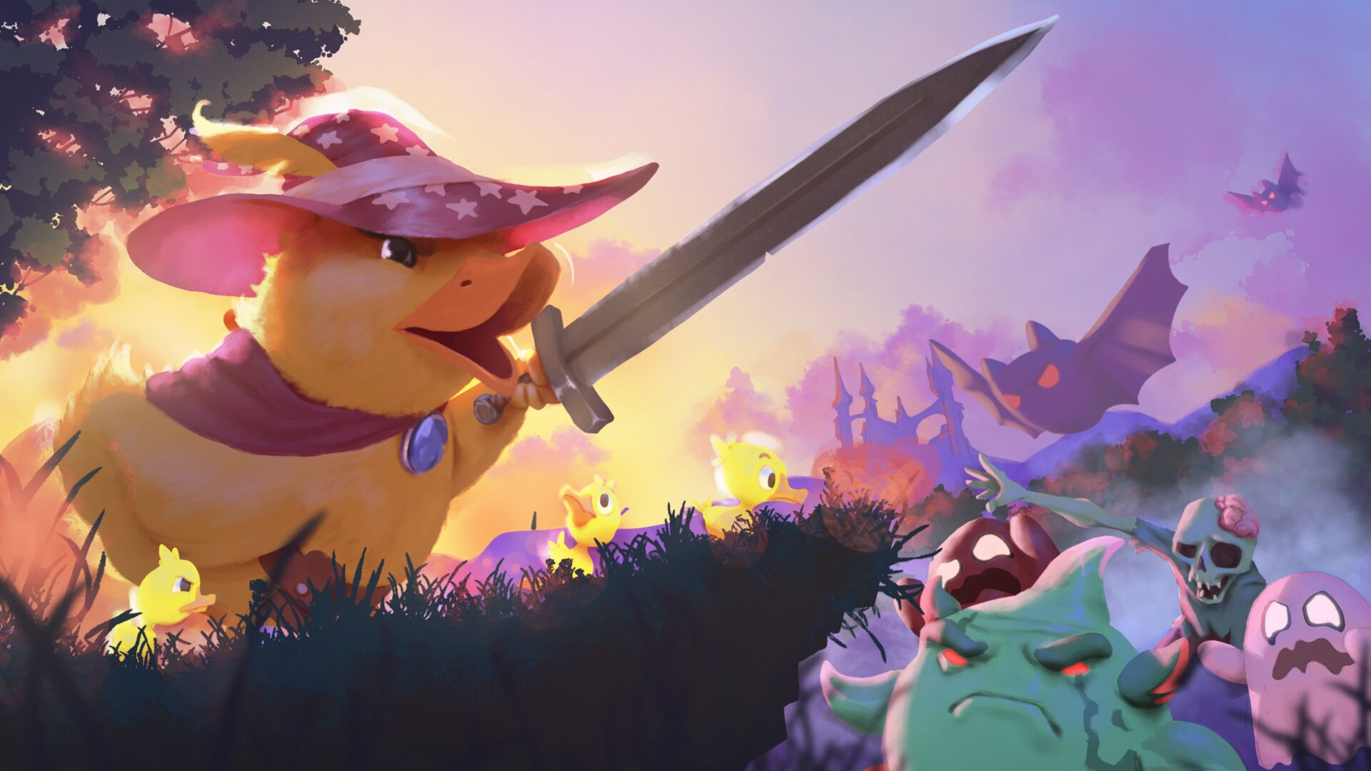 Dungeons and Ducklings 遊戲主視覺圖，展示全副武裝的鴨媽媽準備戰鬥