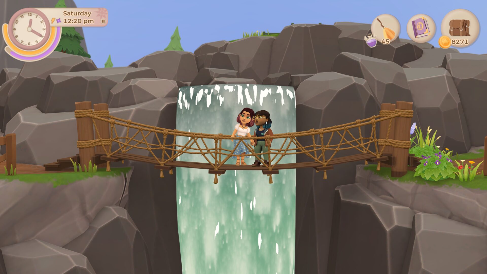 塔拉與朋友在吊橋上欣賞風景，背景是美麗的瀑布