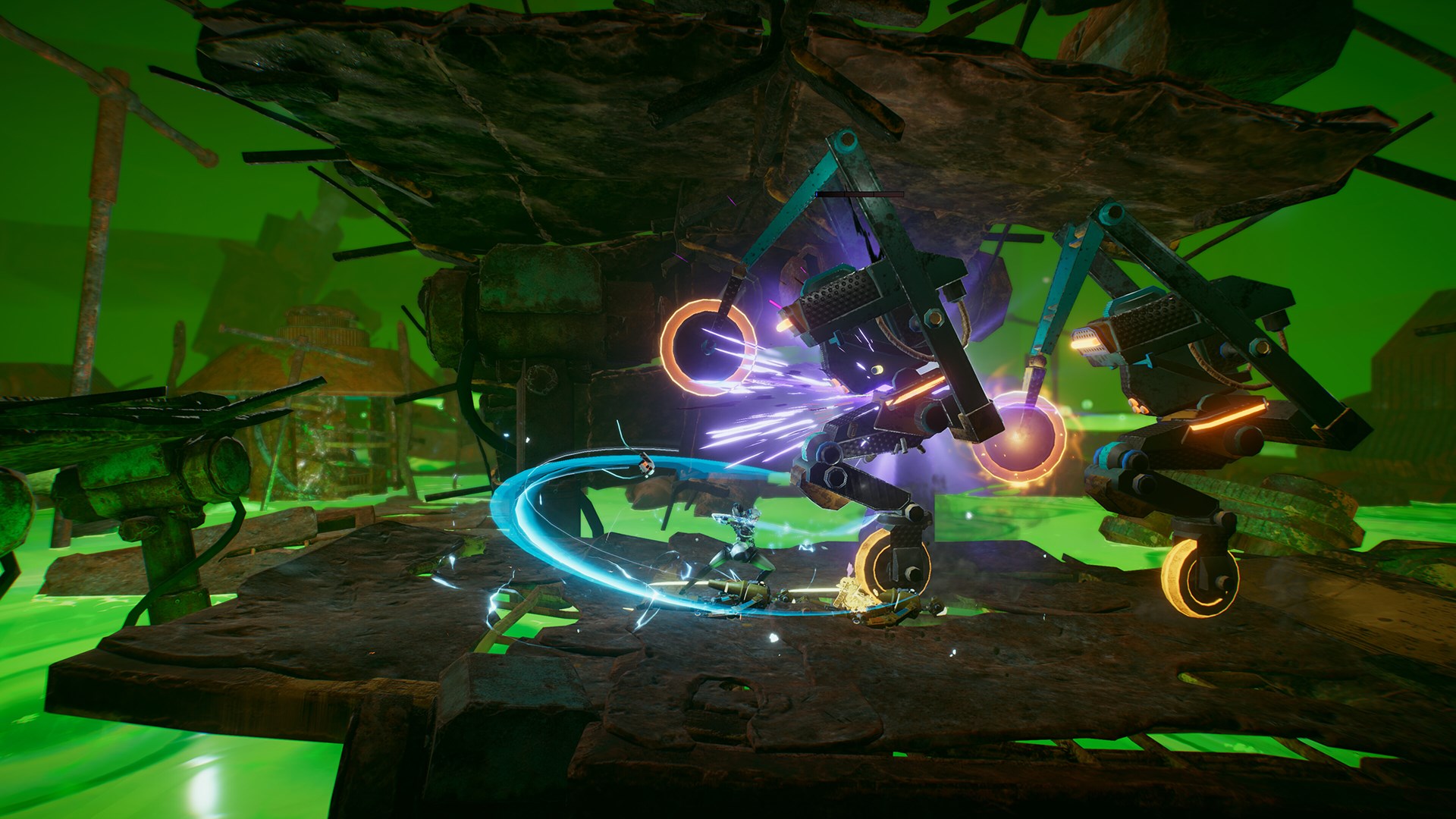 激烈的戰鬥畫面，主角正與強大的機械敵人對峙。