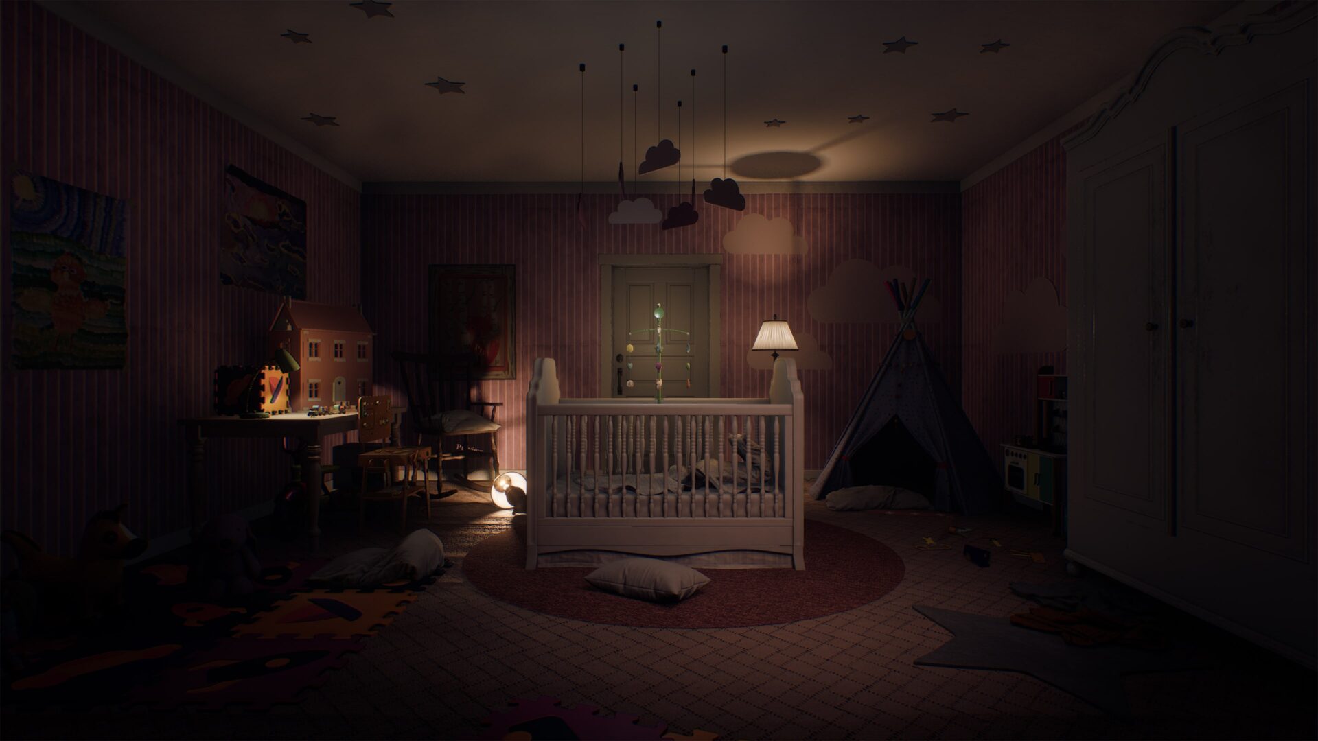 一個詭異的房間，牆上掛著鹿頭標本，氣氛陰森