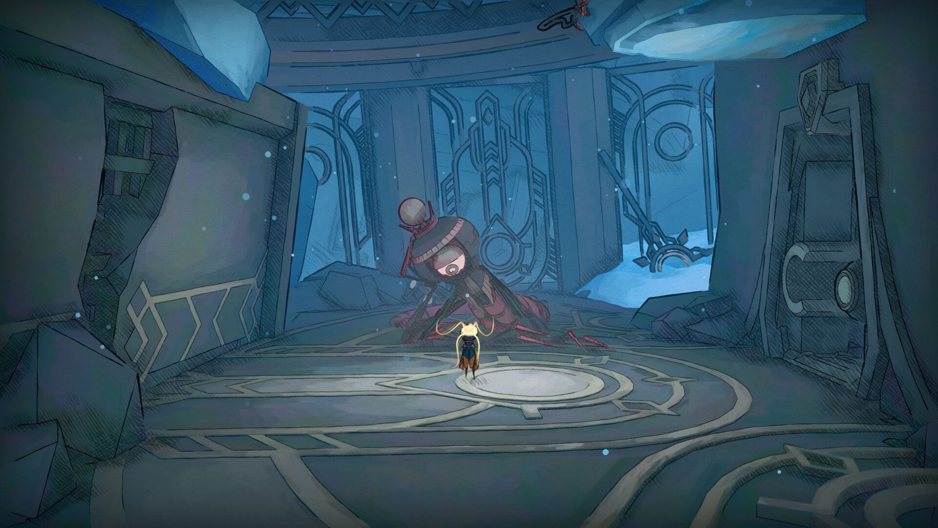 MIO 與一個巨大的機械蜘蛛狀敵人戰鬥