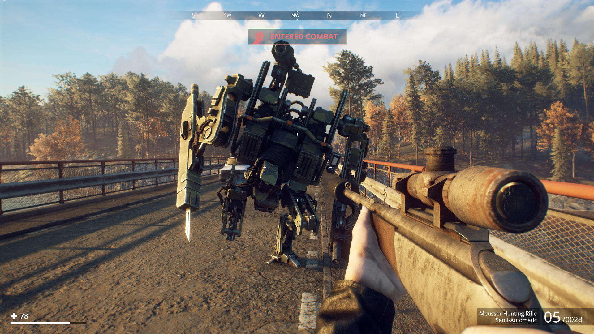 玩家在掩體後方與遠處的機器人交火