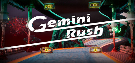 《雙子衝刺》（Gemini Rush）遊戲主視覺圖，展示了充滿科技感的單輪載具與賽道。