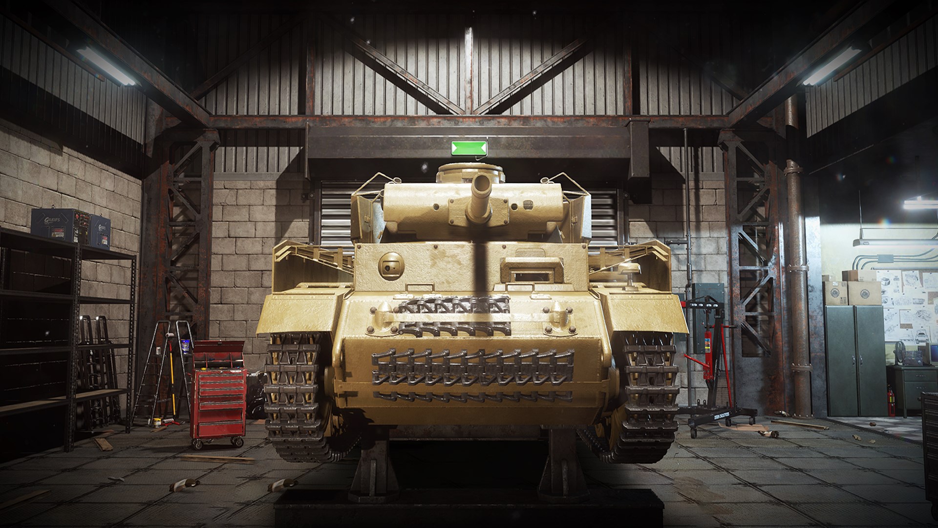 《坦克維修師模擬器：強化版》遊戲封面主視覺，展示了二戰坦克的修復場景