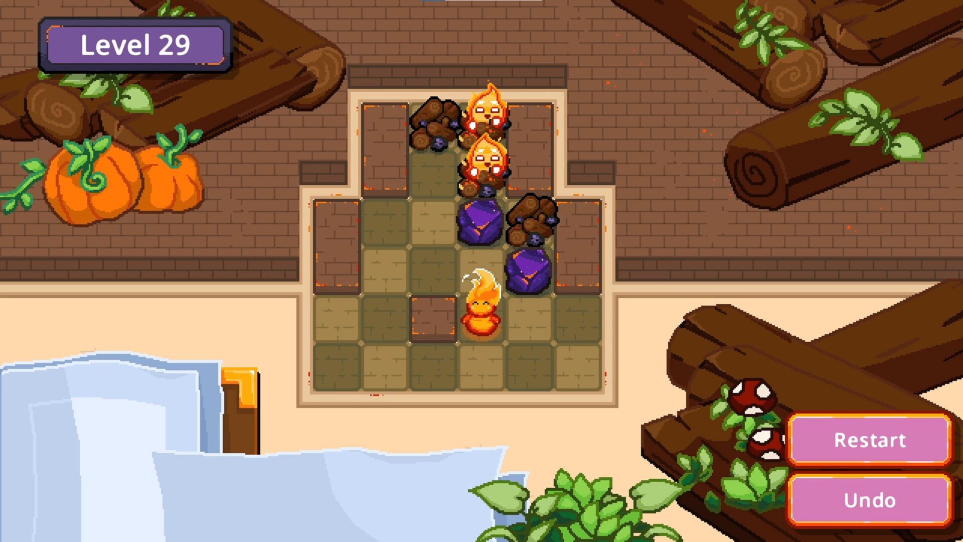 遊戲中的火靈角色，在像素化的壁爐背景中顯得格外可愛