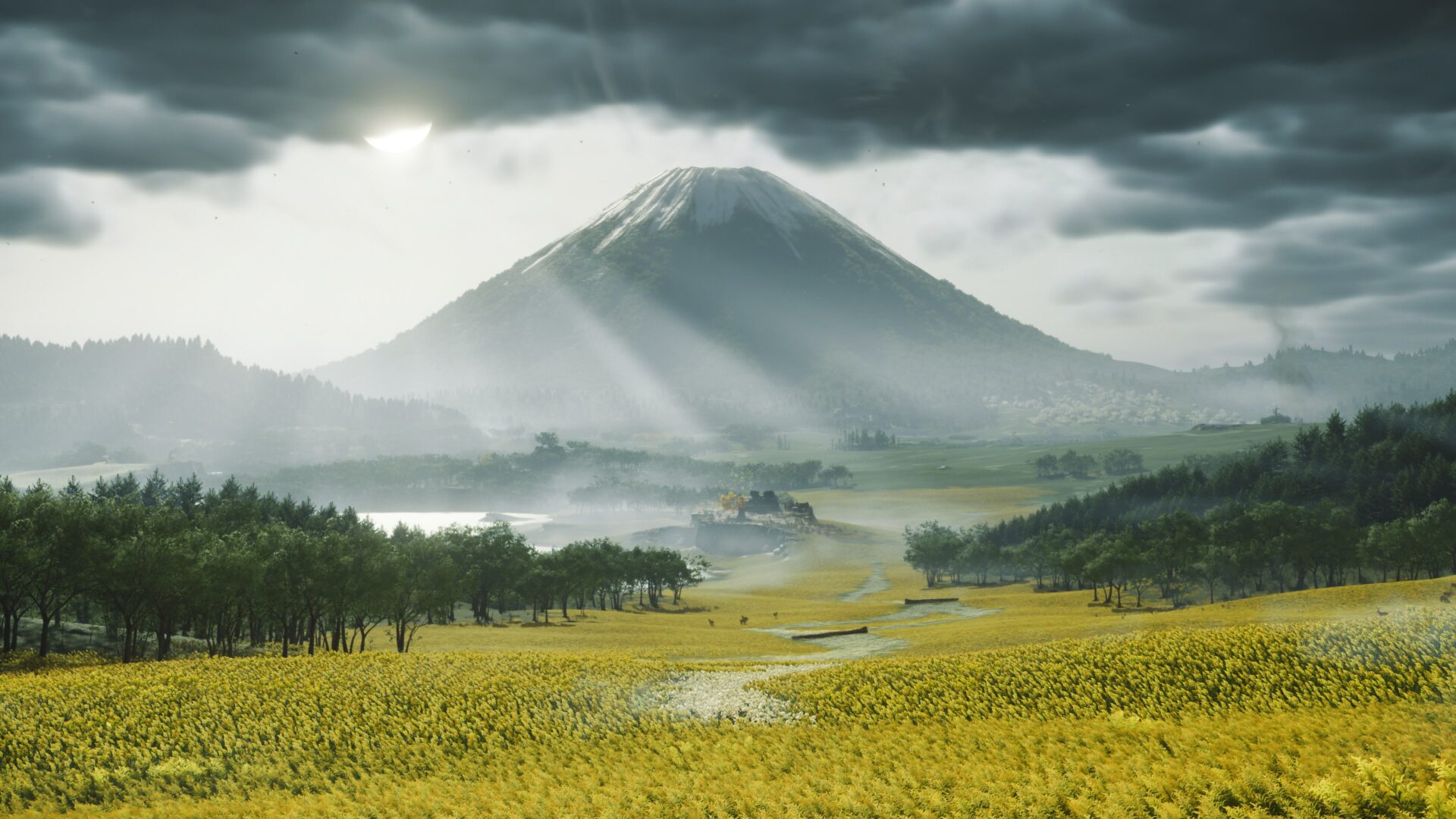 遊戲中的村莊場景，充滿日式風格的建築