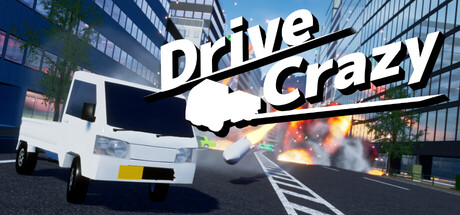 DriveCrazy 遊戲主視覺圖，展示輕卡車在混亂城市中飛躍的場景