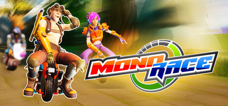 MonoRace 遊戲主視覺圖，展示了一位車手在充滿未來感的賽道上騎乘電動單輪車。