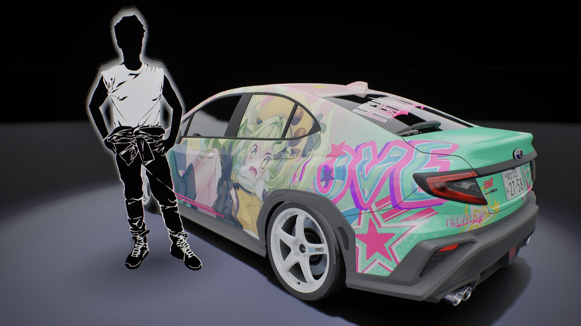 一台黃色跑車在雨中的東京街道上