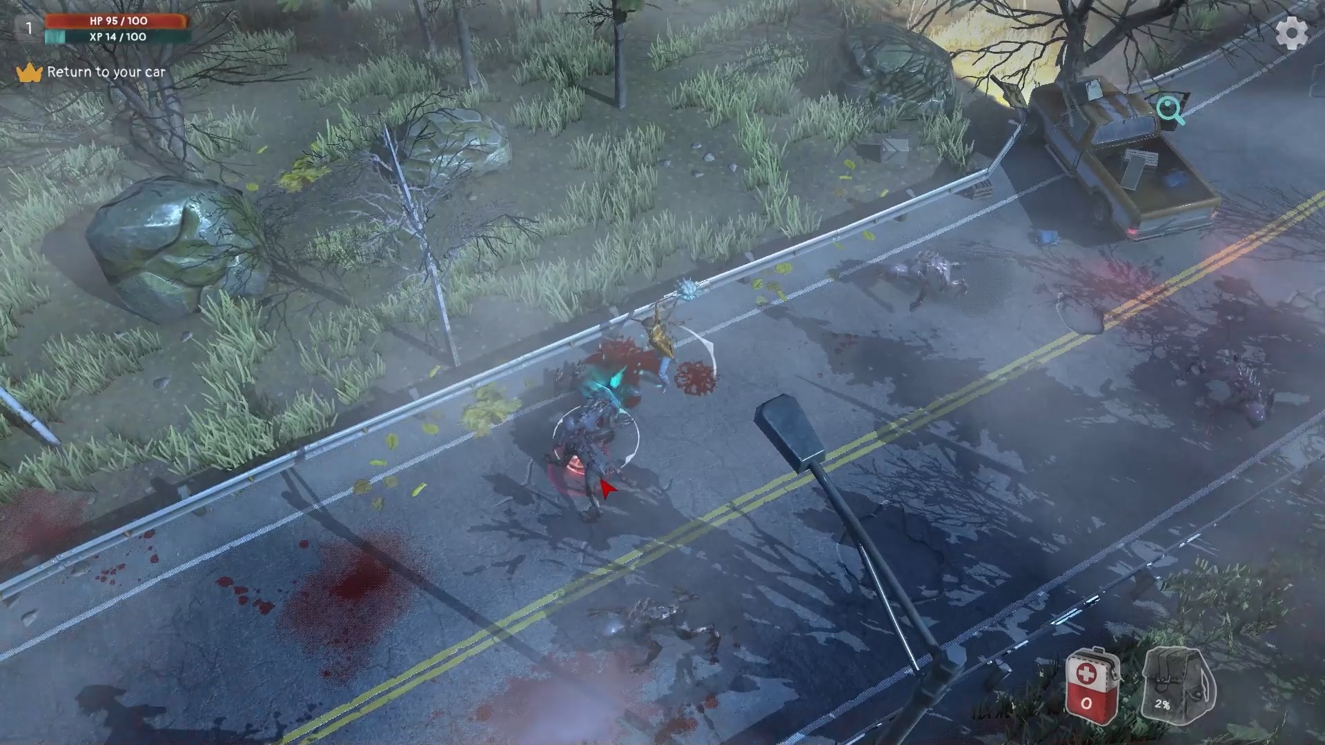 遊戲場景截圖：迷霧中的廢棄車輛與不明發光體，營造出懸疑氛圍。