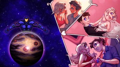 Love & Robots 遊戲封面藝術圖，展示了機器人與愛心的雙重主題。