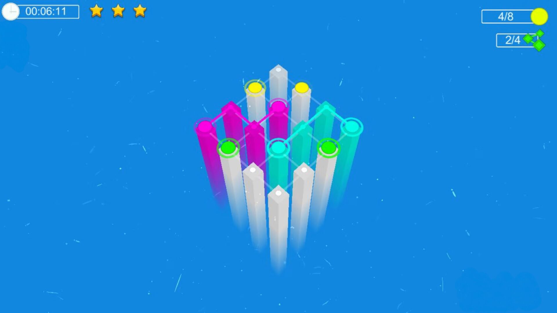 極簡風格的遊戲畫面，黑色背景襯托出霓虹般的彩色線條