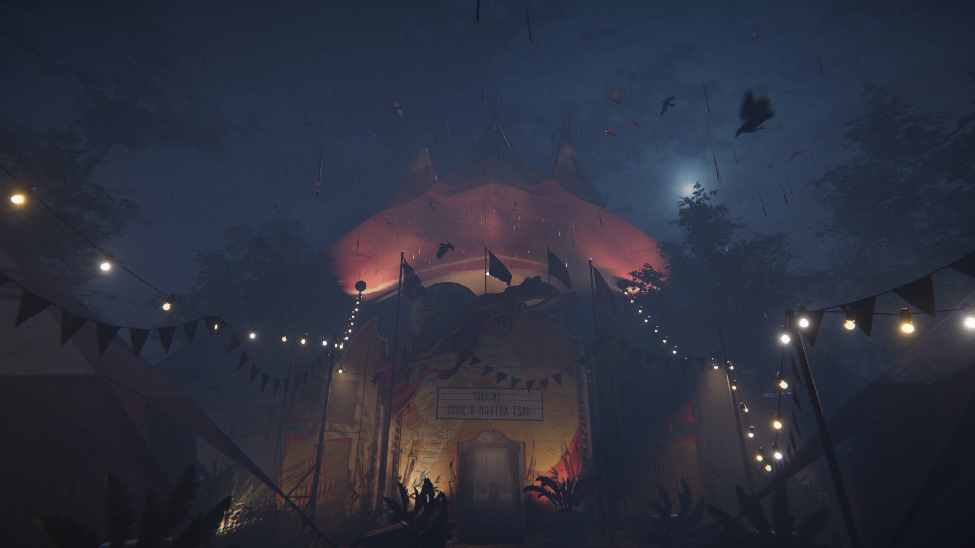 《REVEIL》遊戲畫面，呈現超現實的馬戲團場景。