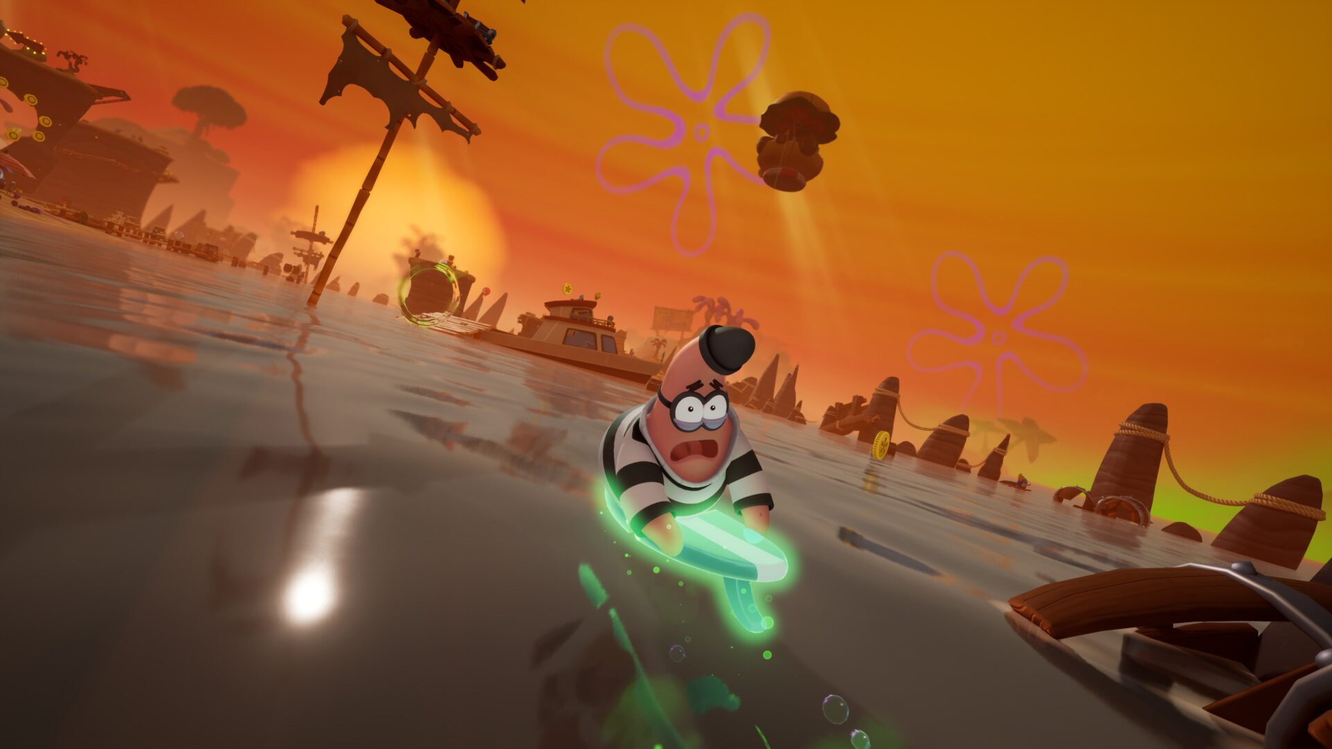 海綿寶寶在一個充滿綠色黏液和幽靈的關卡中跳躍