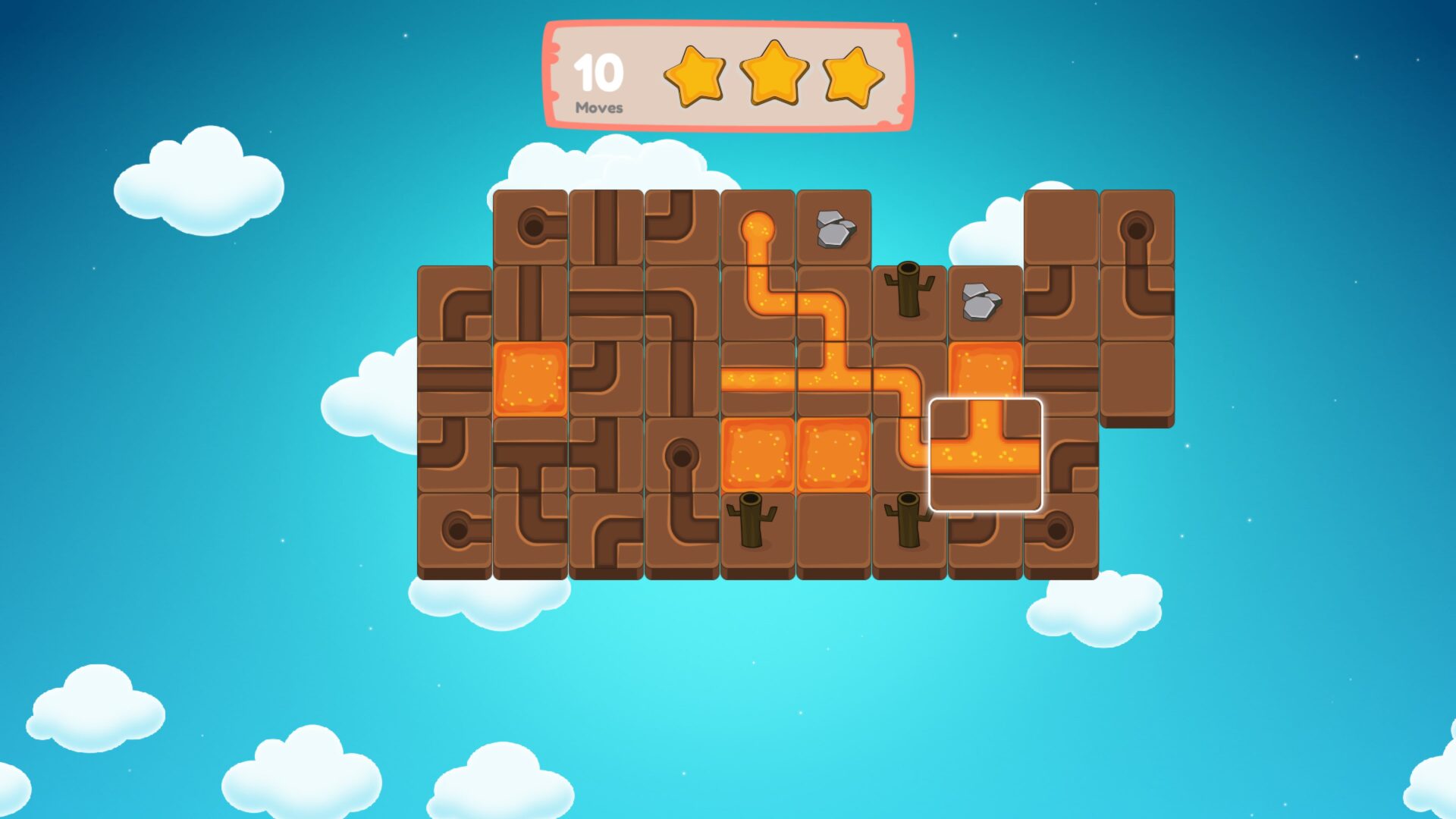 遊戲中引導水流的畫面，水流過後，灰色的土地變為綠色。